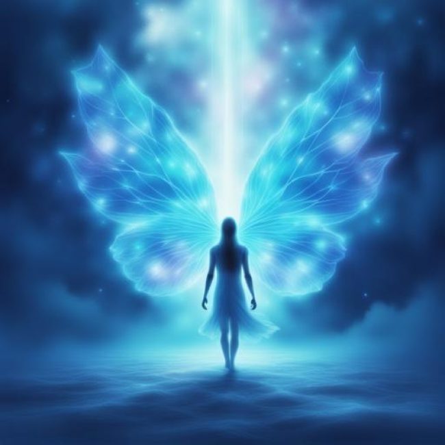 crea una imagen cuántica realista en colores indigio y azul celeste pastel con referencia a esta frase_ Guía Espiritual _ Sanación y reconexión del alma. (2)